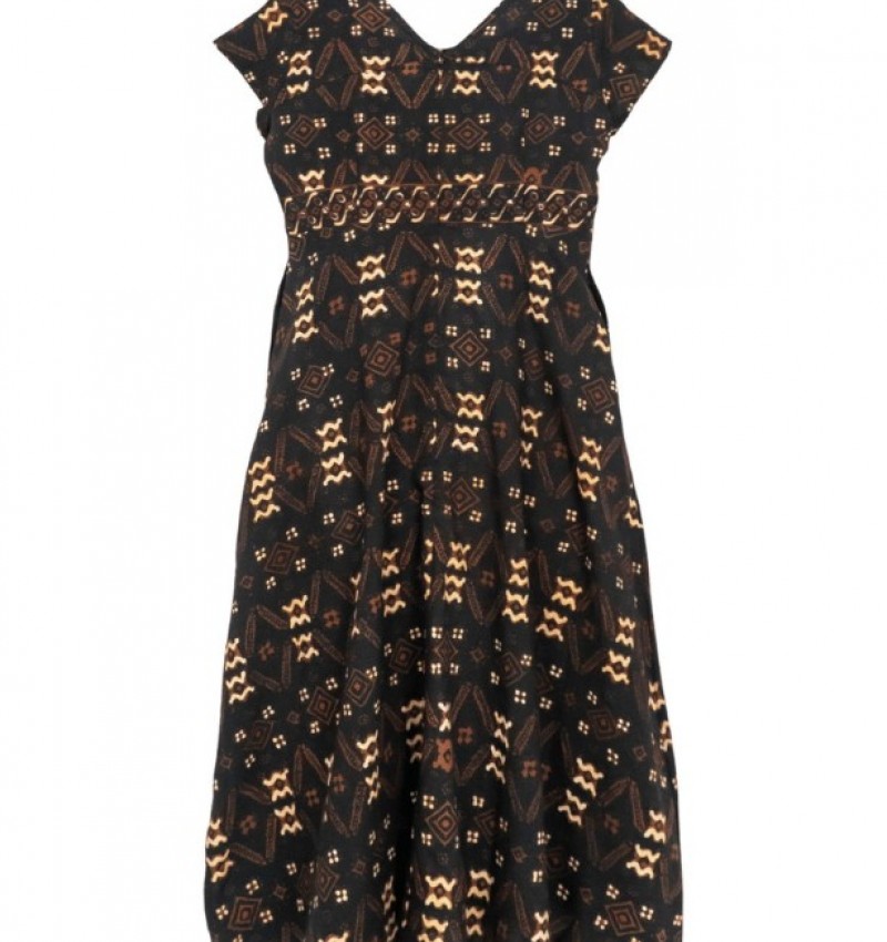Flare V-Neck Dress - Motif in Black